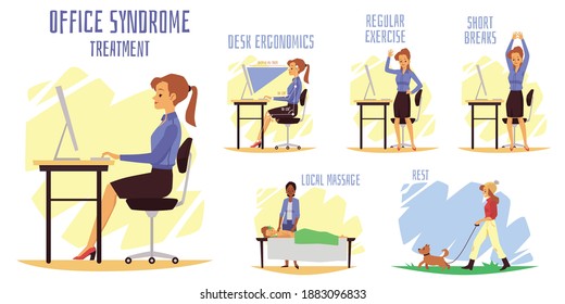 Office Syndrome Treatment - Desk Ergonomics, Rest, Local Massage, Regular Exercises And Short Breaks In Work. Banner With Infographics And Text. Vector Flat Illustration.