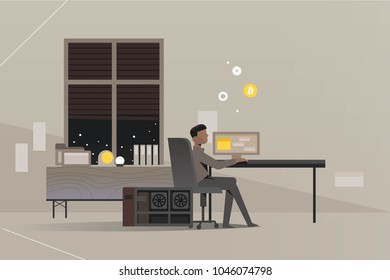Office, a system unit, a man works at a computer. Coin from the monitor. Flat design