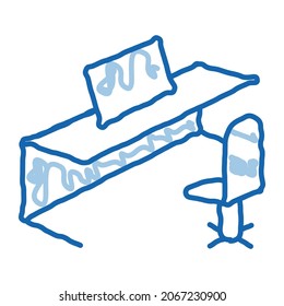 Bürotisch Sessel und Computer-Skizze Symbol Vektorgrafik. Handgezeichnete blaue Tischplatte und Computerschild. einzelne Symbolillustration