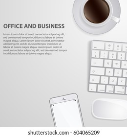 Office table with computer and coffee cup and computer mouse. Top view of working place elements on white smartphone. Office desk table with computer mouse, keyboard, cup of coffee and supplies.