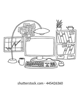 Office table with computer. Hand drawn vector stock illustration. Black and white whiteboard drawing.