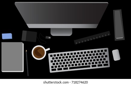 Office table with computer, notepad, external hard disk, mouse, pen, calculator and black coffee. Top view of modern workplace, technology concept illustration vector.