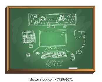 Office table with computer on chalkboard. Work Place. Hand drawn vector illustration.