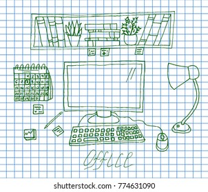 Office table with computer on copybook background. Work Place. Hand drawn vector illustration.