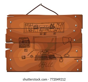 Office table with computer on wooden plank background. Work Place. Hand drawn vector illustration.
