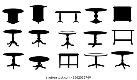 Conjunto de iconos de mesa y Vector de oficina con siluetas negras sólidas y contornos limpios para muebles y diseño de interiores.