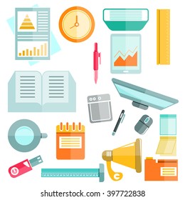 office table flat vector, office supplies, stationery icons color flat design