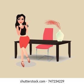 
office table. The girl at the table. The working process.