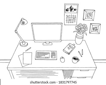Schreibtisch, grafisch, schwarz-weißer Innenskizze, Vektorgrafik