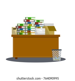 office table with heap of paper, document, file folders, basket for garbage - cartoon flat illustration
