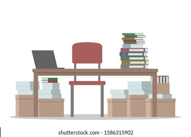 Office table with heap of paper documents and ring binders. Vector.