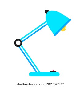 Office table lamp icon sign flat style design vector illustration isolated on white background. Light blue lamp with lightbulb and red button made of steel.