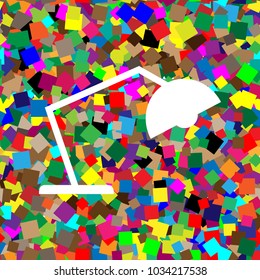 Office table lamp sign illustration. Vector. White icon on colorful background with seamless pattern from squares.