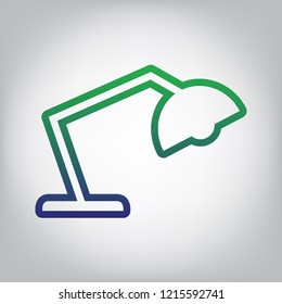 Office table lamp sign illustration. Vector. Green to blue gradient contour icon at grayish background with light in center.