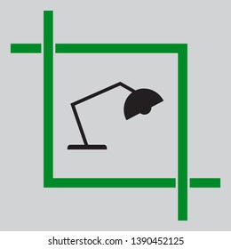 Office table lamp sign illustration. Black icon inside green crop tool at light gray background