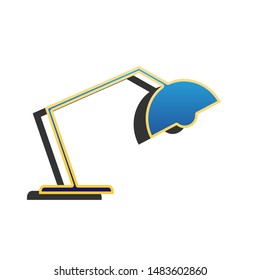 Office table lamp sign illustration. Blue icon with gold contour with dark gray shadow at white background. Illustration.