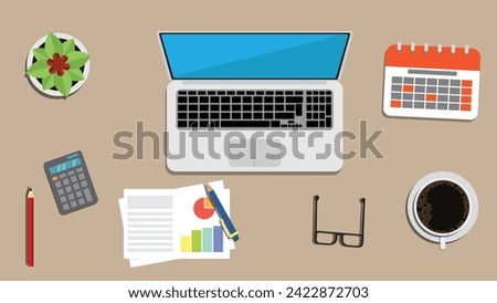 Office Table with Laptop and Appliances Top View Flat. Work from home and business concept vector