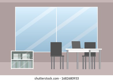 Office with table and laptop. Vector illustration.