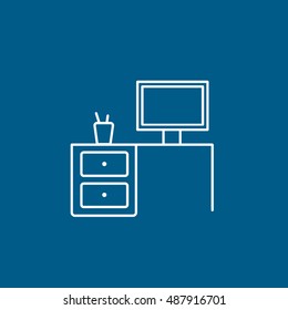 Office Table Line Icon On Blue Background
