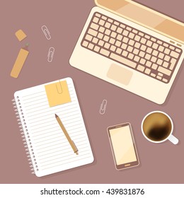Office table mess. Work desk flat lay gadgets, notebook, coffee. Simple table design in working process. Vector illustration. 