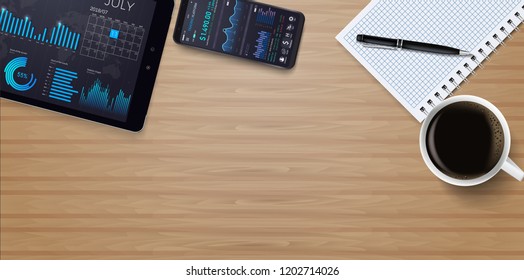 Office table with notepad, laptop, phone and coffee cup .Online statistics and data Analytics.Digital money market, investment, finance and trading. 