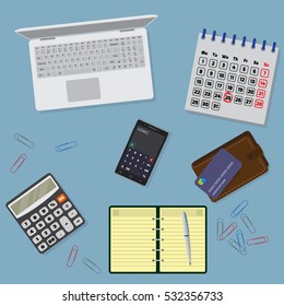 Office table organzation with stationary, laptop, notebook, calendar. Top view. Flat style vector illustration