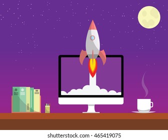 An office table with rocket taking off from computer with space background
