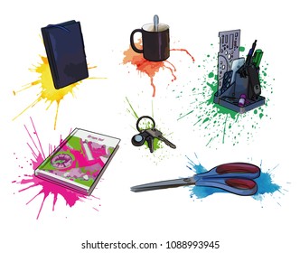 office table stuff painted with colorful spots vector set