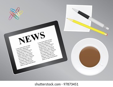 office table with tablet and coffee cup vector illustration