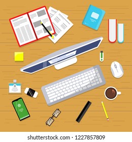 Office table top view. Business finance manager workspace with laptop books mouse pc vector flat concept pictures