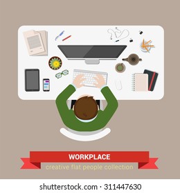 Office table top view business flat web infographic concept vector. Businessman accountant marketing workplace. Creative people collection.