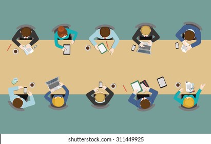 Office Table Top View Business Flat Web Infographic Concept Vector. Staff Around Table Working Tablet Laptop Empty Background. Brainstorm Report Planning. Creative People Collection.