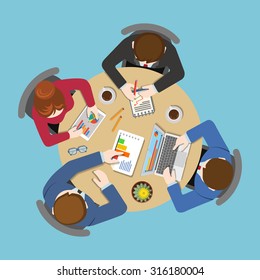Office table top view business flat web infographic concept vector. Staff around table report analytics working tablet laptop empty background. Brainstorm report planning. Creative people collection.