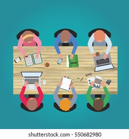Office table top view business flat web infographic concept vector. Staff around table working tablet laptop.