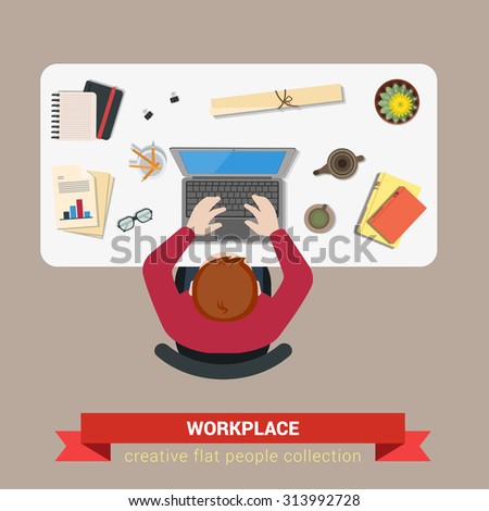 Office table top view business flat web infographic concept vector. Businessman accountant marketing laptop workplace. Creative people collection.