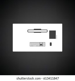 Office table top view icon. Black background with white. Vector illustration.