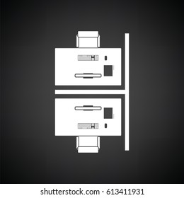 Office table top view icon. Black background with white. Vector illustration.