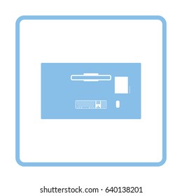 Office table top view icon. Blue frame design. Vector illustration.