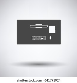 Office table top view icon on gray background, round shadow. Vector illustration.