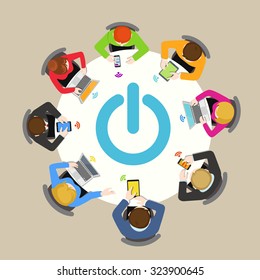 Office table top view wi-fi network sharing flat web infographic concept vector. Tablet laptop smartphone wireless usage. Creative people collection.