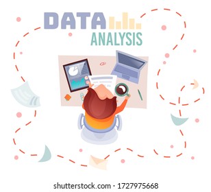 Office table topview illustration of man work with documents, working in office. Cup of coffee tablet with graph and chart pencil and stickers are on table. Data analysis text with dotted line around
