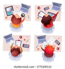 Tabla de Office para ver la ilustración del trabajo manual con documentos, trabajando en la oficina. Tableta de café con gráfico y gráfico, lápiz y pegatinas están sobre la mesa. Texto de análisis de datos con línea de puntos alrededor