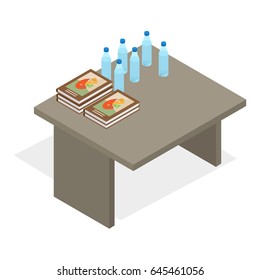 Office table with two piles of books on business and six bottles with water isolated on white background. Vector illustration of work space. Table with stuff for successful education and work process.
