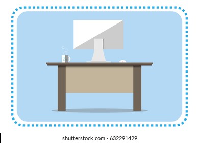 Office Table with white PC, furniture for modern office interior. Flat style Vector Illustration.