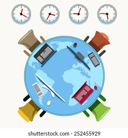 Office table with working places, chairs and various time zone clocks as modern global business conception.
