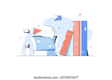 Office table, workplace with pile of paper documents, file folders, business working. Business documents. Paperwork, Vector illustration