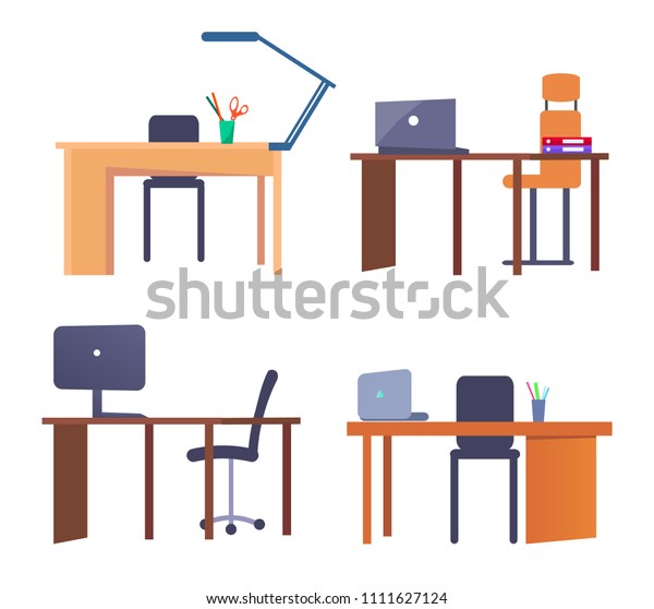 Office Tables Chairs Set Furniture Working Stock Vector Royalty