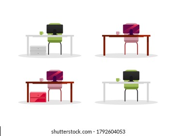 Office tables with computers flat color vector objects set. Computer screens. Corporate equipment and furniture isolated cartoon illustration for web graphic design and animation collection