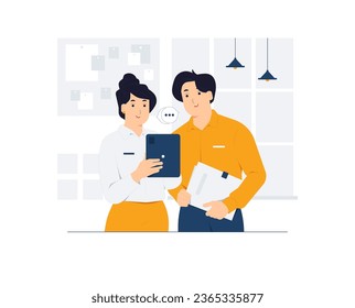 Office talk, communicating, conversation, business meeting. Two professional businessman and businesswoman having discussion brainstorming for idea concept illustration