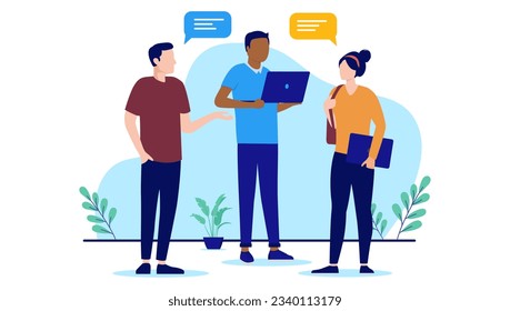 Office talk and discussion - Vector illustration of team of three people talking and communicating with speech bubbles. Flat design and white background